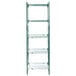 A green Metro wire shelving unit with four shelves.