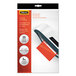 A package of Fellowes clear laminating pouches with orange and white labels.