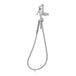 A silver T&S wall mounted pot filler faucet with a hose and vacuum breaker.
