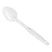 A clear plastic spoon with a handle.