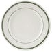A Tuxton Green Bay ivory china plate with wide rims and green bands.