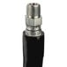 A close-up of a black and silver T&S hose with a threaded end.