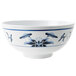 A white GET Water Lily melamine bowl with blue and white designs.