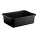 A black polyethylene bus tub with a ribbed bottom, measuring 21 inches by 15 inches by 7 inches.