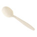 A beige heavy weight plastic soup spoon.