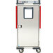 A silver and red stainless steel Metro C5 T-Series holding cabinet with a white door and square window.
