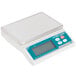 a white electronic scale with a blue screen