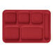 A cranberry red rectangular tray with six compartments, each with a white border.