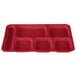 A red Cambro co-polymer serving tray with six compartments.