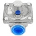 A metal countertop range with blue valves.
