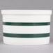 A white and green striped china bain marie jar with a handle.