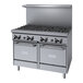 A stainless steel Garland commercial gas range with 8 burners and 2 ovens.