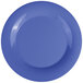 A close-up of a peacock blue Diamond Mardi Gras melamine plate with a wide rim.