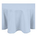 A light blue round tablecloth with a white hemmed edge.