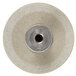 A circular metal Edlund grinding wheel assembly with a hole in the center on a metal shaft.