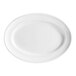 A white oval Tuxton china platter with a curved white border.