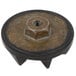 A close-up of a black metal nut with a nut on top.