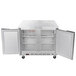 A stainless steel Beverage-Air undercounter refrigerator with two doors.