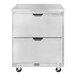 A stainless steel Beverage-Air undercounter refrigerator with two drawers.