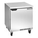 A stainless steel Beverage-Air undercounter refrigerator with a flat top and door locks.