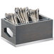 A wooden Cal-Mil flatware organizer holding silverware.