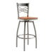 A Lancaster Table & Seating metal swivel bar stool with a wooden seat and a clear coat finish.