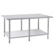 An Advance Tabco stainless steel work table with a galvanized undershelf.