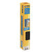 A yellow box with blue and black text and black plastic binding combs inside.