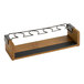 A Cal-Mil wooden and metal wine rack with four wine glasses on it.
