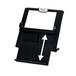 A black rectangular Fellowes copyholder with white paper and an arrow pointing up.
