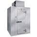 A large grey metal floorless walk-in cooler with a right hinged door open.