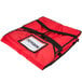 A red Rubbermaid insulated pizza delivery bag with black straps.