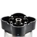 A black and silver stainless steel container with a black plastic cover.