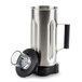 A stainless steel Hamilton Beach blender jar with a stainless steel lid.