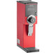 A red and black Bunn bulk coffee grinder with a grey cleaning lever.