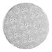 A round, silver cake drum with a textured leaf pattern, designed for supporting cakes.