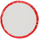 A round white plate with red trim.