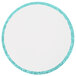 A white round cake drum with blue trim.