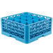 A blue plastic Carlisle glass rack with 16 compartments.