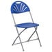 A Flash Furniture blue plastic folding chair with a silver metal frame.