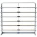 A gray metal rack with six metal shelves.