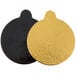 A close-up of a black and gold round Enjay dessert board with tab.