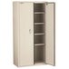 A white FireKing storage cabinet with shelves and two doors.