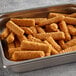 A metal pan of High Liner Foods precooked Pollock fish sticks.