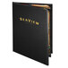 A black leather-like Menu Solutions Chadwick menu cover with gold text on a table.