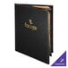 A black leather Menu Solutions booklet cover with gold foil on the front.