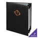 A black leather Menu Solutions Chadwick menu book with a gold logo.