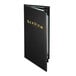 A black Menu Solutions leather-like folder with gold text on a table.