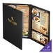 A black leather-like Chadwick Collection menu cover with a gold border and gold plate.