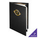 A black leather-like Menu Solutions booklet with a gold logo.